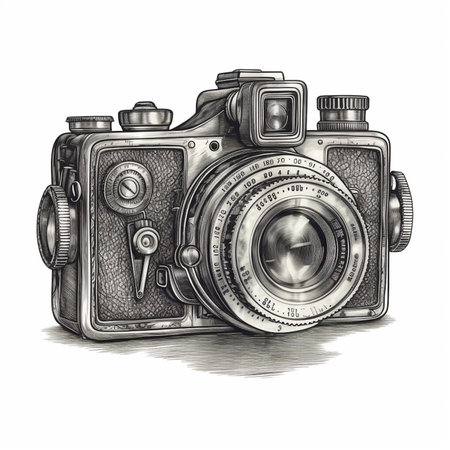 Vintage camera hand drawn by color pencils. Vector illustration.の素材