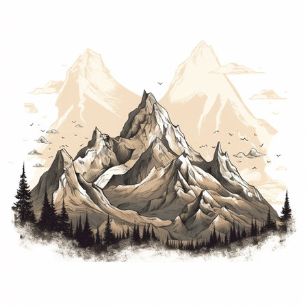 Mountains and forest. Hand drawn vector illustration in sketch style.の素材