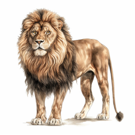 Lion standing isolated on white background. Side view. 3D illustration.の素材