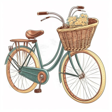 Vintage bicycle with basket of flowers. Hand drawn vector illustration.の素材