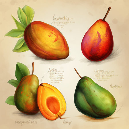 Illustration of fresh ripe mango on old paper background, vector illustrationの素材