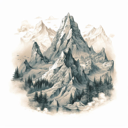 Mountains and forest. Hand drawn watercolor illustration on white backgroundの素材
