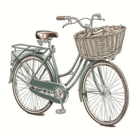 Vintage bicycle with basket isolated on white background. Vector illustration.の素材