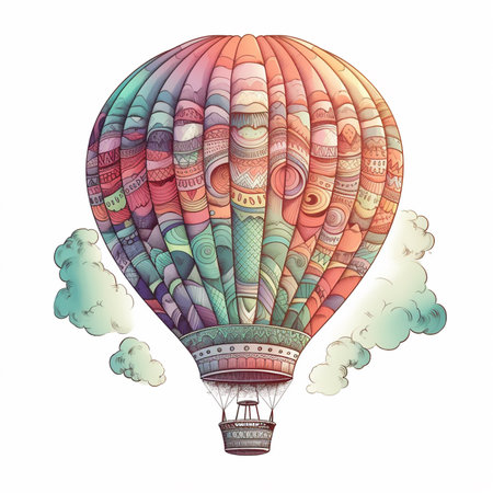 Colorful hot air balloon with smoke. Hand drawn vector illustration.の素材