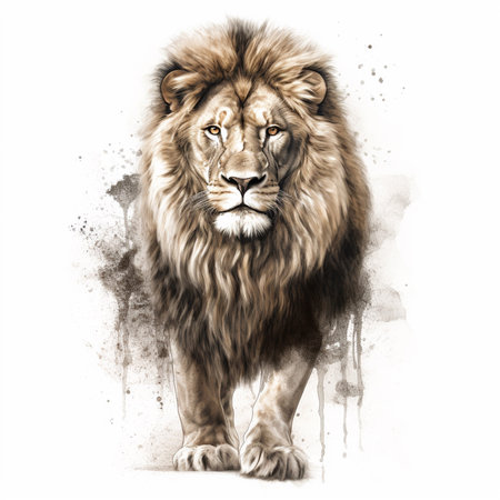 Portrait of a lion with splashes of ink on a white backgroundの素材
