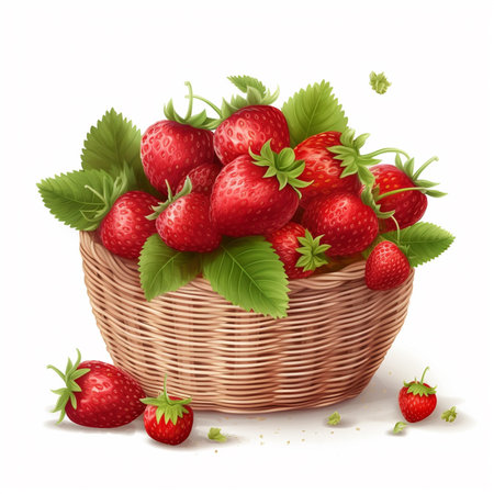 Strawberries in a wicker basket with leaves. Vector illustration.の素材