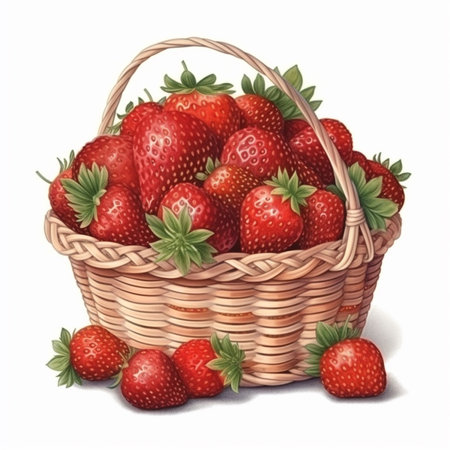 Basket with fresh strawberries isolated on white background. Watercolor illustration.の素材