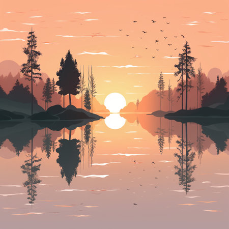 Sunset over the lake. Silhouette of trees in the water. Vector illustration.の素材