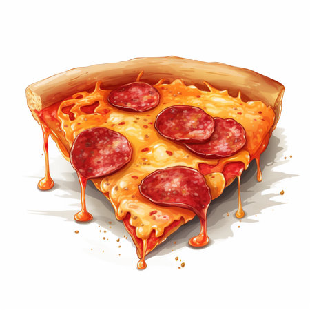 Illustration of a slice of pizza with salami and melted cheeseの素材