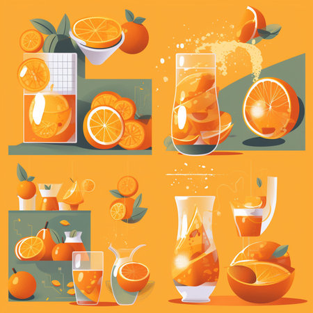 Orange juice set. Vector illustration of orange juice in a glass, orange slices and juice in a glass.の素材
