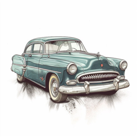 Vintage american car on white background. Hand drawn vector illustrationの素材