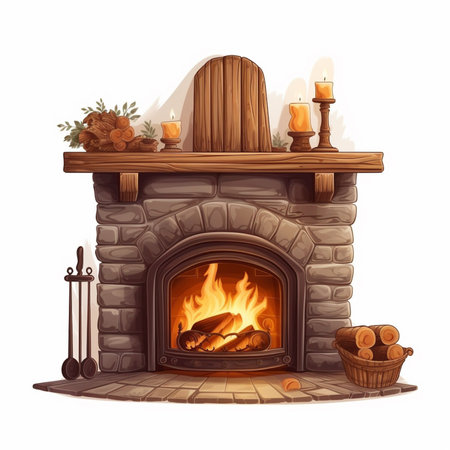 Fireplace with burning firewood. Vector illustration in cartoon style.の素材