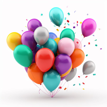 Colorful balloons with confetti isolated on white background. 3d illustrationの素材