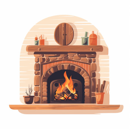 Fireplace with burning wood in modern flat style. Vector illustration.の素材