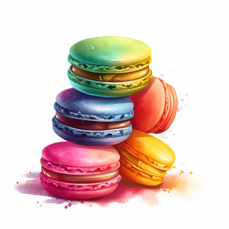 Colorful macaroons isolated on white background. Watercolor illustration.の素材