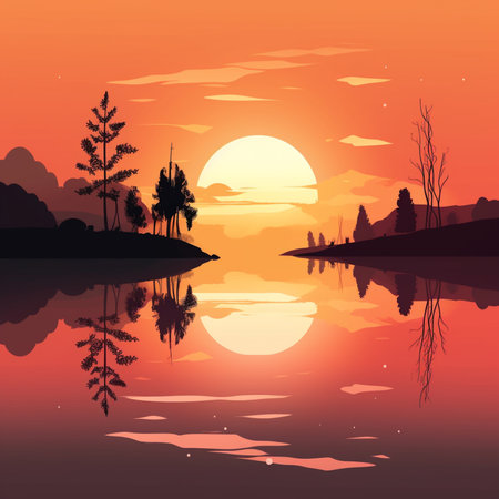 Landscape of a beautiful sunset over the lake. Vector illustration.の素材