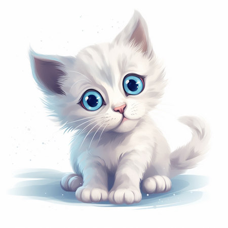 Cute white kitten with blue eyes sitting on the floor. Vector illustration.の素材
