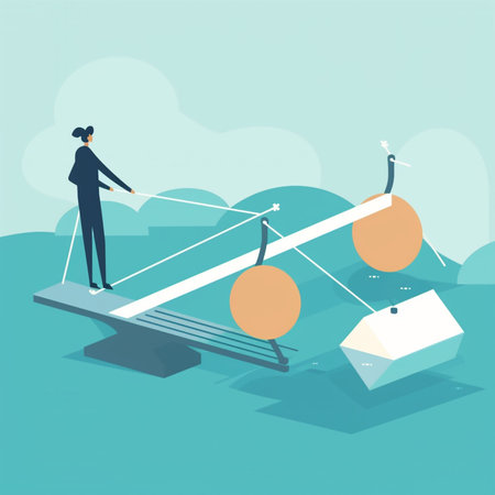 Businesswoman balancing on seesaw. Concept business vector illustration in flat style.の素材