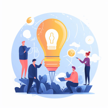 Business people working on a new idea. Idea generation, brainstorming. Vector illustration in a flat styleの素材
