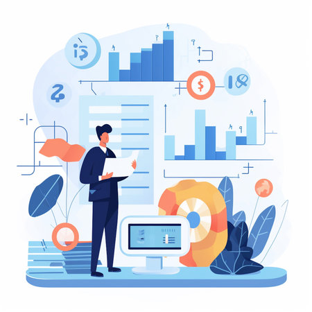 Businessman analyzing financial data. Vector illustration in a flat style.の素材