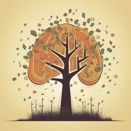Autumn tree with falling leaves. Vector illustration in retro style.の素材