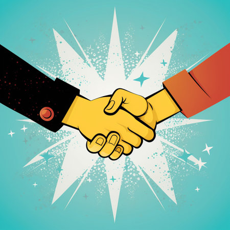 Illustration of a handshake on a blue background with stars and rays.の素材