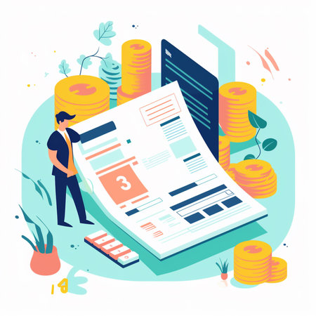 Businessman checking financial report. Vector illustration in isometric style.の素材