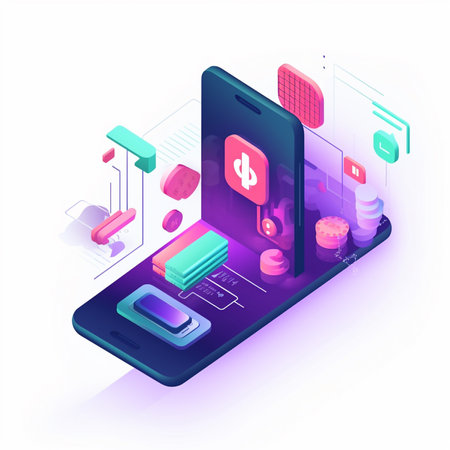 Isometric smartphone with application icons on the screen. Vector illustration.の素材