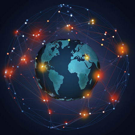 Global network connection concept with world map and glowing dots. Vector illustration.の素材
