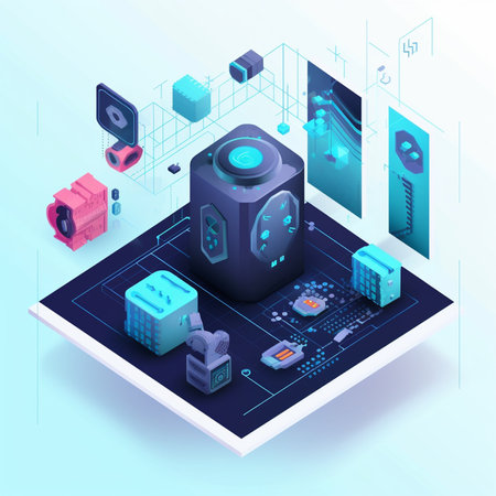 Data center isometric composition with server room and cloud computing devices on blue background vector illustrationの素材