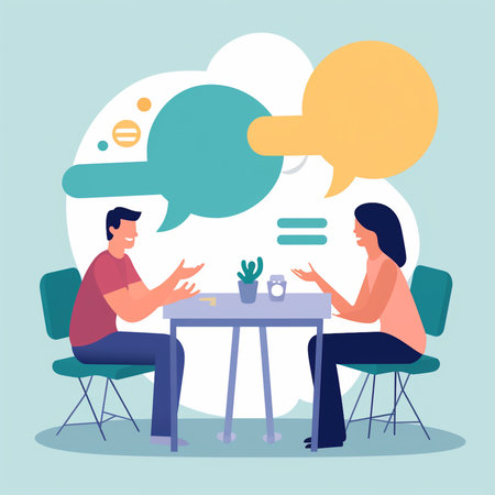 Man and woman sitting at table with speech bubbles. Flat vector illustration.の素材