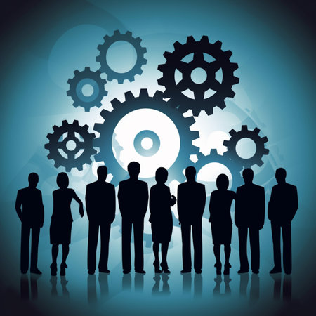 Group of business people silhouettes with cogwheels on blue backgroundの素材