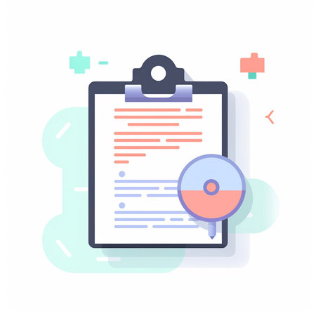 Clipboard with checklist and magnifier. Flat design vector illustration.の素材