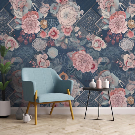 Modern interior with blue armchair, coffee table and floral wallpaper. 3d renderingの素材