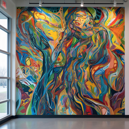 Contemporary art gallery interior with abstract colorful painting. 3D Renderingの素材