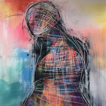 Portrait of a beautiful young woman with painted face and hairstyle. Contemporary art collage.の素材