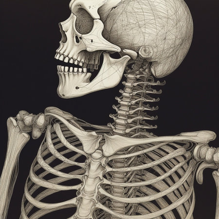 Human skeleton anatomy with muscles, skeleton and head. 3D renderingの素材