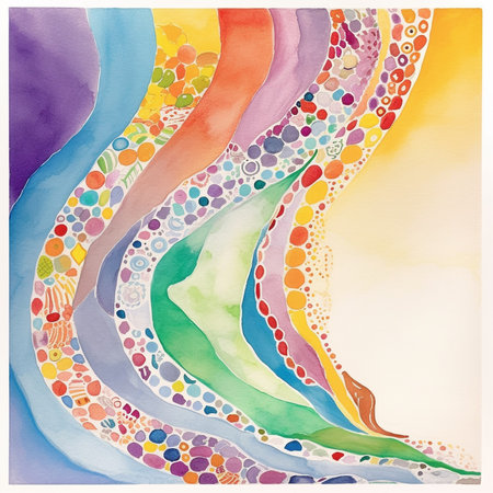 Abstract watercolor background with multicolored spots and waves. Hand drawn illustration.の素材