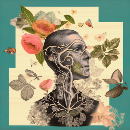 Conceptual illustration of a female face with a lot of flowersの素材