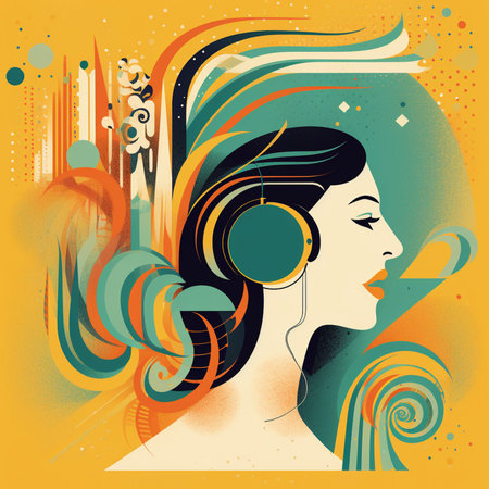 Retro girl with headphones and abstract grunge background. Vector illustration.の素材