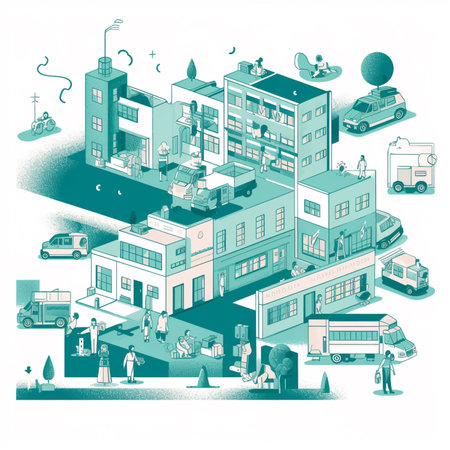 Vector illustration of a city landscape with houses, cars and people.の素材