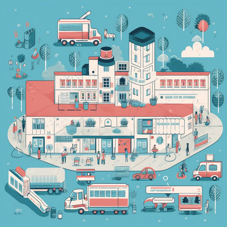 Vector illustration of a city with people, cars, trucks and trees.の素材