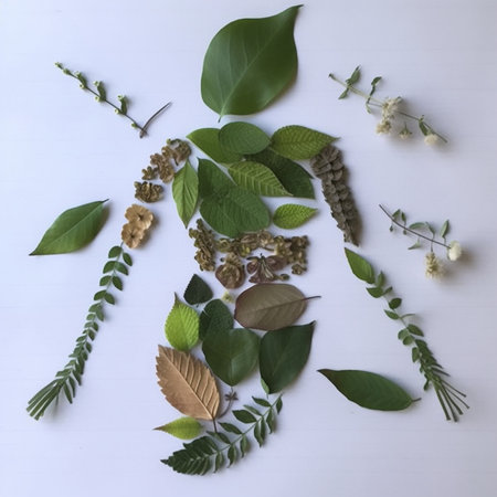Creative layout made of green leaves and branches. Flat lay, top view.の素材