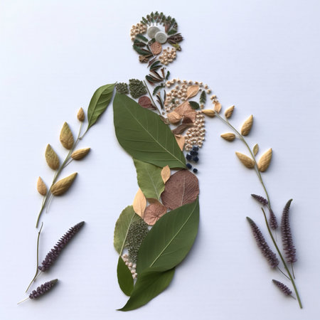 Beautiful young woman made of dried flowers and leaves on white backgroundの素材