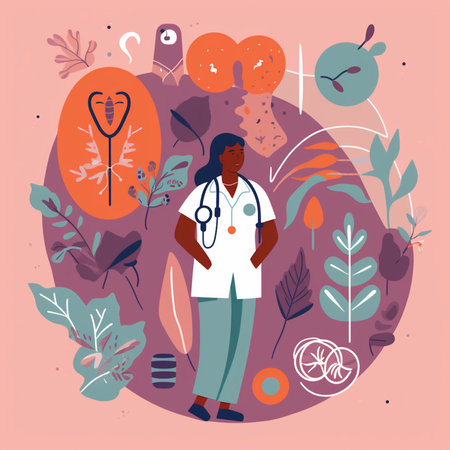 Vector illustration of a female doctor with a stethoscope on her neck, surrounded by medical elements.の素材