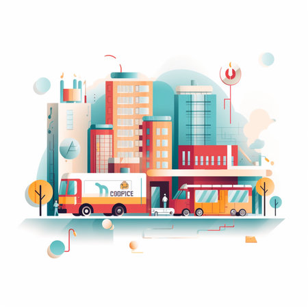Cityscape with buses and city buildings. Flat style vector illustration.の素材