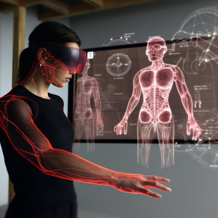 young woman wearing virtual reality goggles with x-ray image of human bodyの素材