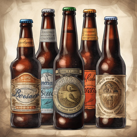 Illustration of a collection of beer bottles on a crumpled paper backgroundの素材
