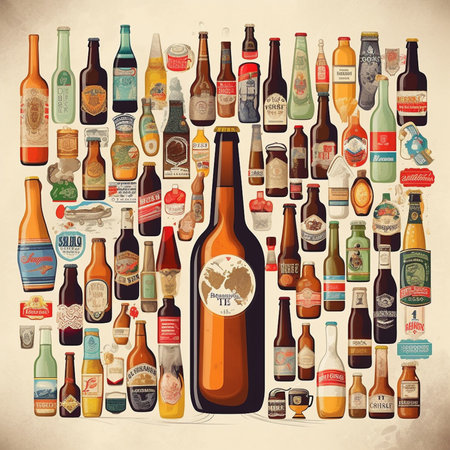 Large collection of different beer bottles. Vintage-style. Vector illustration.の素材
