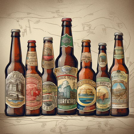 Illustration of beer bottles on grunge background. Vintage-style.の素材